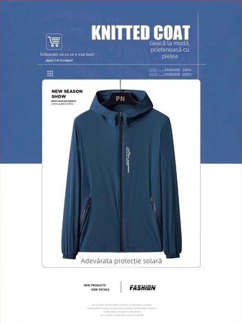 Jachetă cu glugă – subțire, 100% poliester, imprimeu peisaj natural, Protecție UV 50%