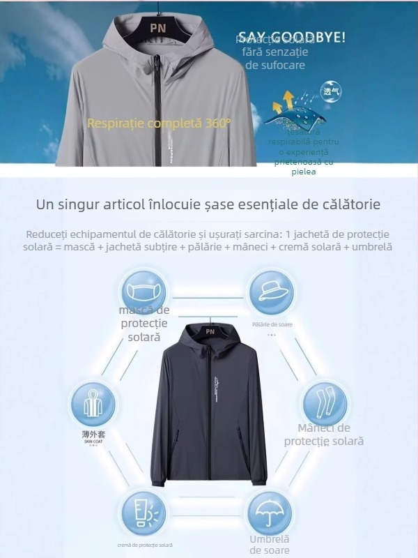 Jachetă cu glugă – subțire, 100% poliester, imprimeu peisaj natural, Protecție UV 50%