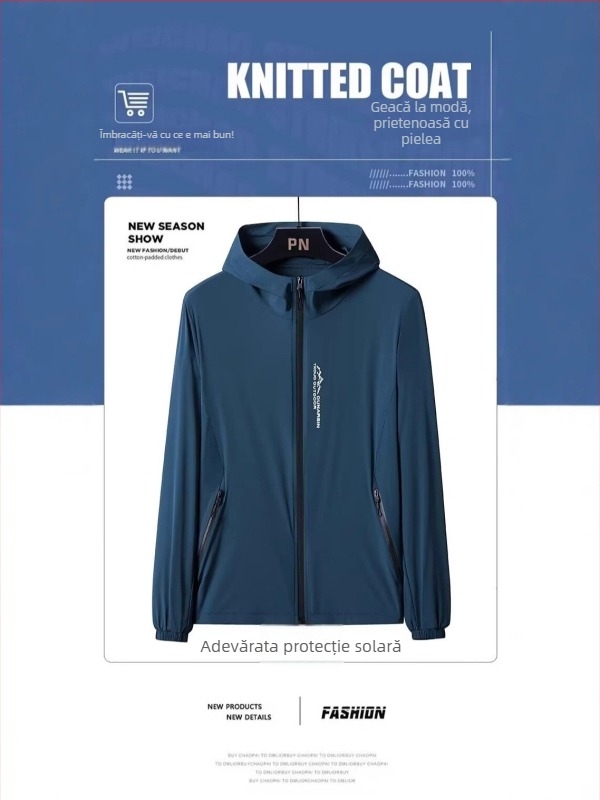 Jachetă cu glugă – subțire, 100% poliester, imprimeu peisaj natural, Protecție UV 50%