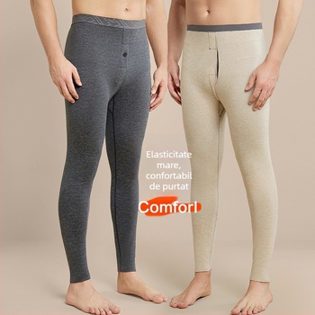 Pantaloni termici bărbați cu fleece, croială corp, poliester, grosime medie 181-200 g/m2, model solid, strat unic