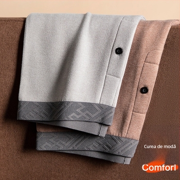 Pantaloni termici bărbați cu fleece, croială corp, poliester, grosime medie 181-200 g/m2, model solid, strat unic