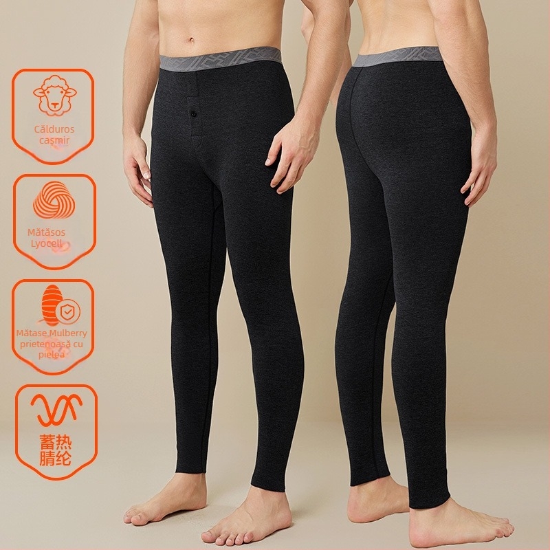 Pantaloni termici bărbați cu fleece, croială corp, poliester, grosime medie 181-200 g/m2, model solid, strat unic