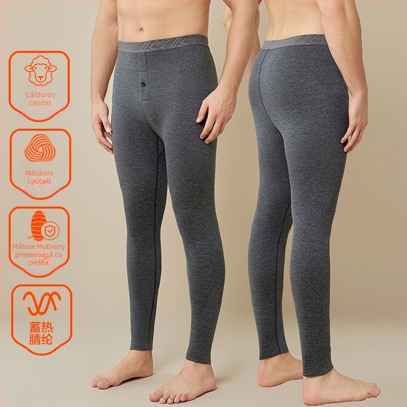 Pantaloni termici bărbați cu fleece, croială corp, poliester, grosime medie 181-200 g/m2, model solid, strat unic