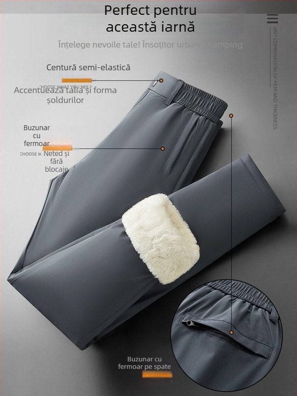 Pantaloni bărbați cu croială dreaptă, rezistenți la vânt, impermeabili, cu căptușeală de fleece, micro-elastici, amestec poliester/spandex