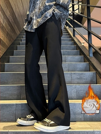 Pantaloni casual largi, căptuți cu fleece, talie medie, iarnă, poliester 97,8%, stil Hong Kong