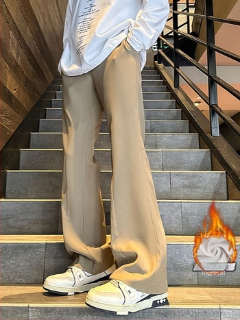 Pantaloni casual largi, căptuți cu fleece, talie medie, iarnă, poliester 97,8%, stil Hong Kong