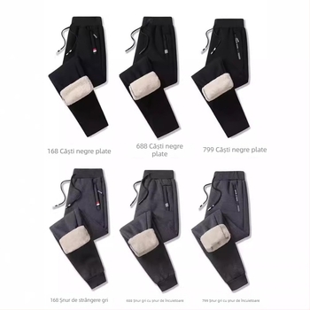 Pantaloni sport lungi pentru bărbați, căptuți cu fleece pe interior, croială lejeră, talie medie, poliester, microelasticitate