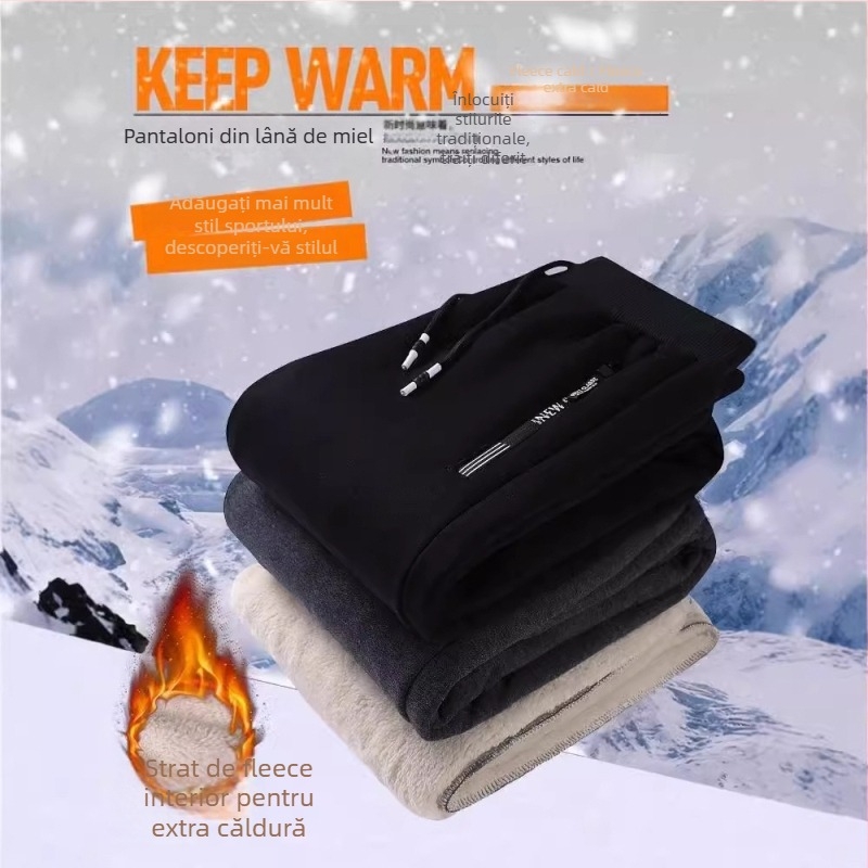 Pantaloni sport lungi pentru bărbați, căptuți cu fleece pe interior, croială lejeră, talie medie, poliester, microelasticitate