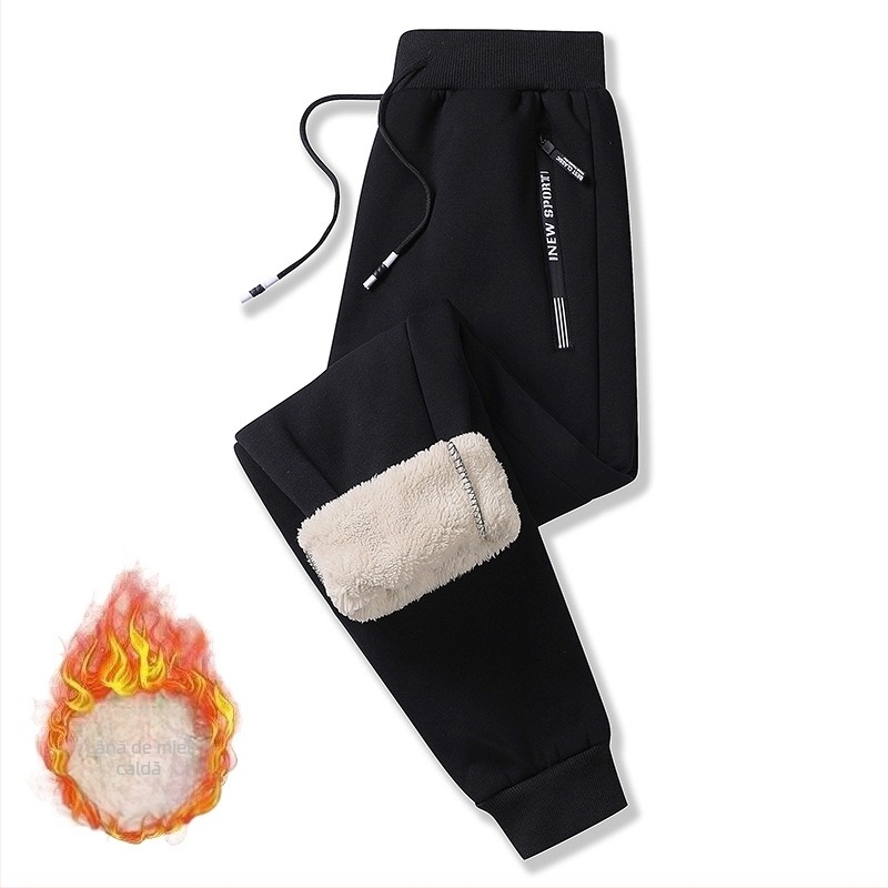 Pantaloni sport lungi pentru bărbați, căptuți cu fleece pe interior, croială lejeră, talie medie, poliester, microelasticitate