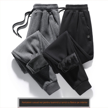Pantaloni de trening bărbați cu căptușeală fleece, croială lejeră, talie medie cu șnur, material amestec poliester-bumbac, absorbția umezelii
