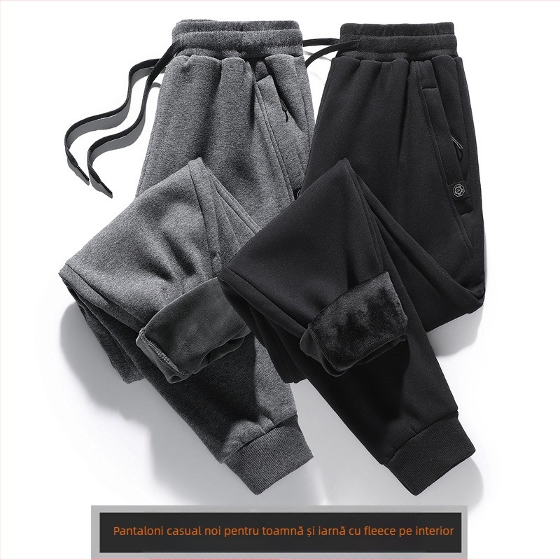 Pantaloni de trening bărbați cu căptușeală fleece, croială lejeră, talie medie cu șnur, material amestec poliester-bumbac, absorbția umezelii