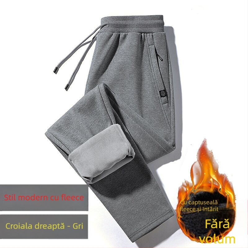 Pantaloni de trening bărbați cu căptușeală fleece, croială lejeră, talie medie cu șnur, material amestec poliester-bumbac, absorbția umezelii