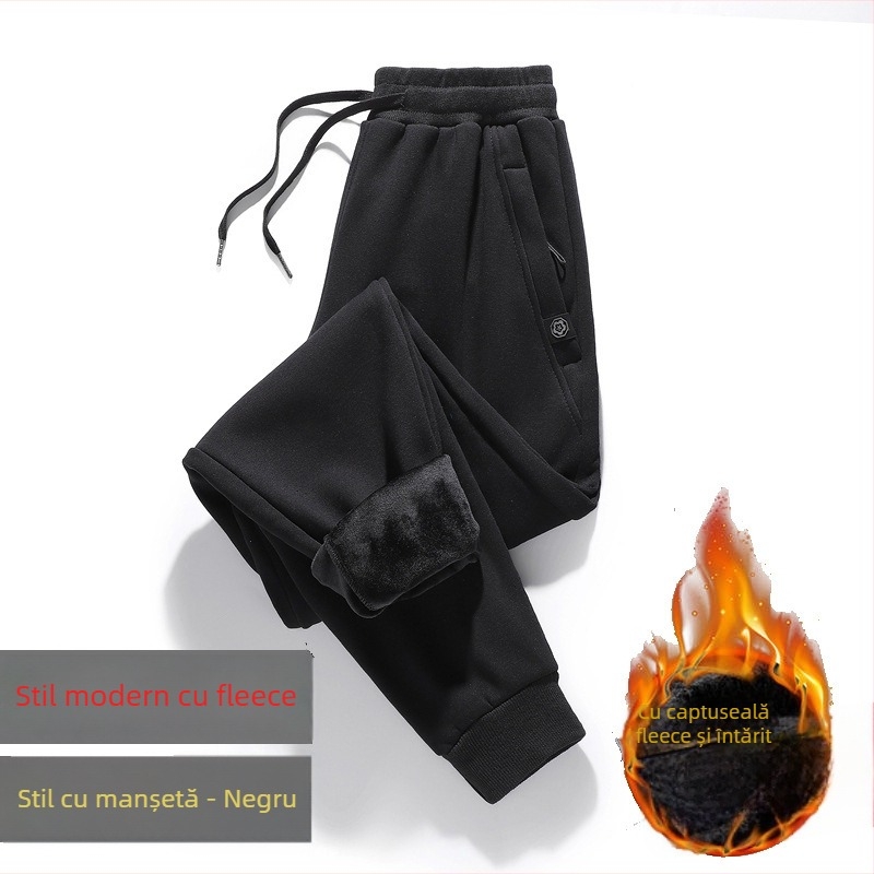 Pantaloni de trening bărbați cu căptușeală fleece, croială lejeră, talie medie cu șnur, material amestec poliester-bumbac, absorbția umezelii