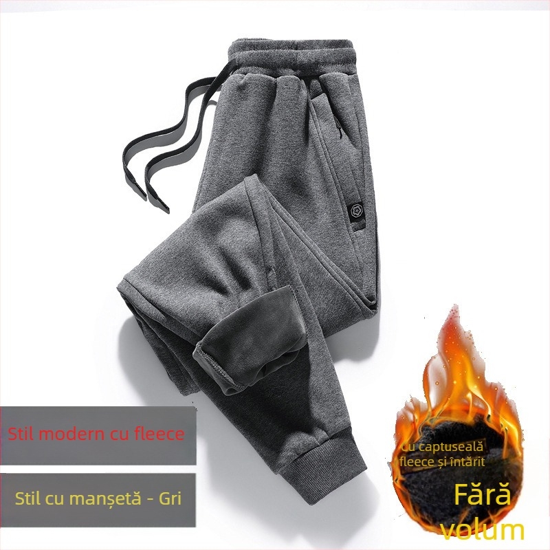 Pantaloni de trening bărbați cu căptușeală fleece, croială lejeră, talie medie cu șnur, material amestec poliester-bumbac, absorbția umezelii