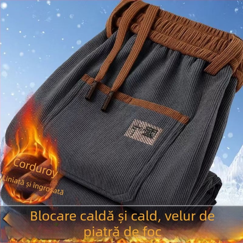 Pantaloni de lucru pentru bărbați cu fleece, croială dreaptă, talie medie, închidere cu șnur, poliester