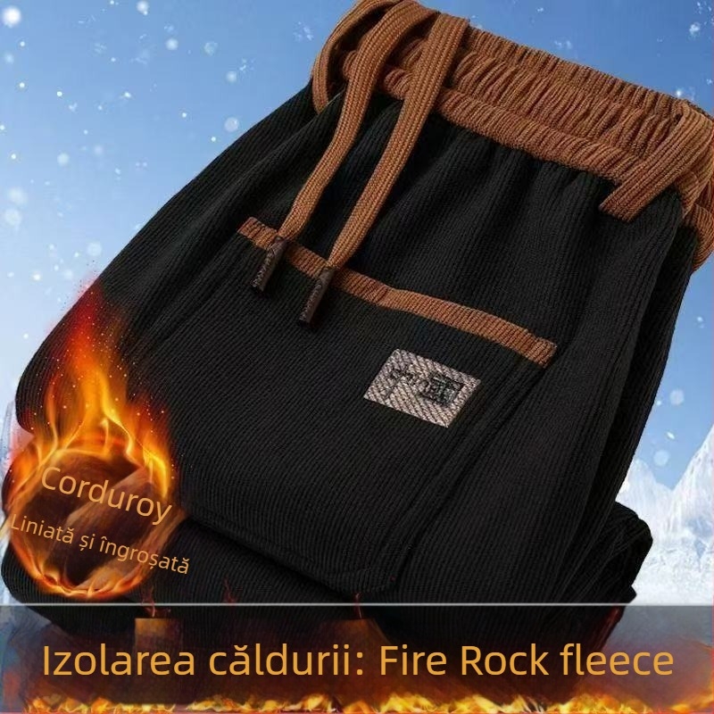 Pantaloni de lucru pentru bărbați cu fleece, croială dreaptă, talie medie, închidere cu șnur, poliester