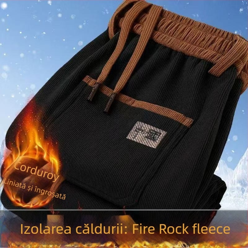 Pantaloni de lucru pentru bărbați cu fleece, croială dreaptă, talie medie, închidere cu șnur, poliester