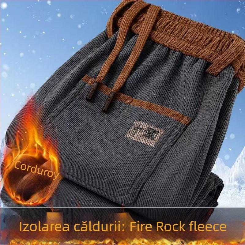 Pantaloni de lucru pentru bărbați cu fleece, croială dreaptă, talie medie, închidere cu șnur, poliester