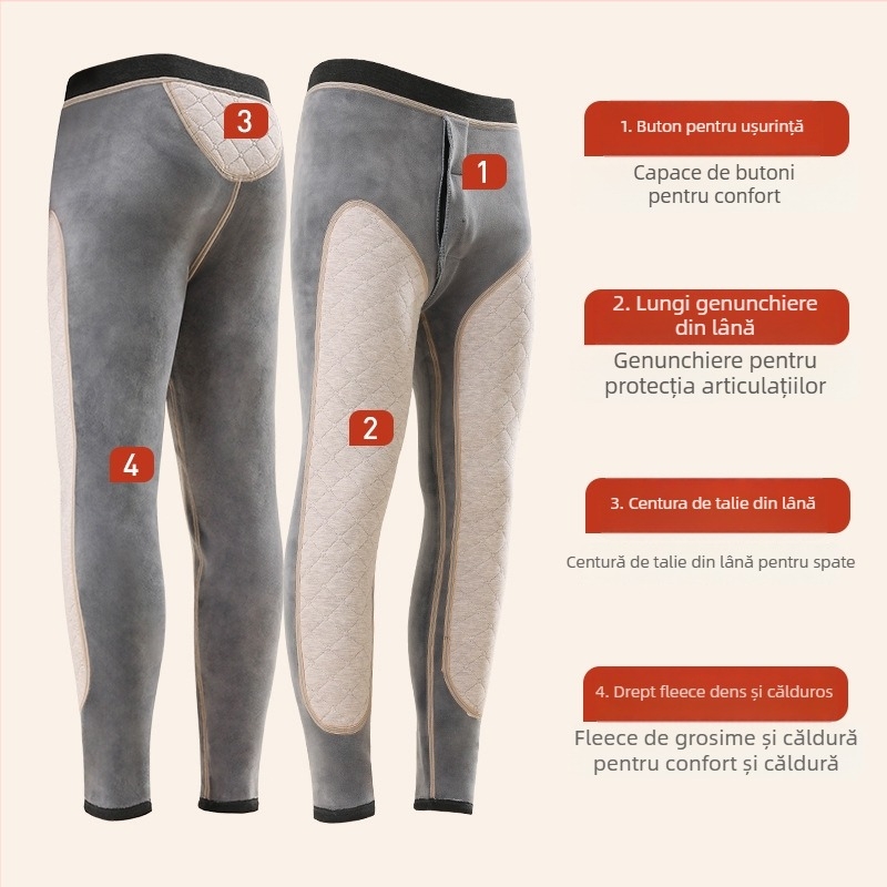Pantaloni termici unisex cu protecție pentru genunchi și talie, fleece cu trei straturi, țesătură foarte groasă 501–600 g/m², căptușeală de catifea