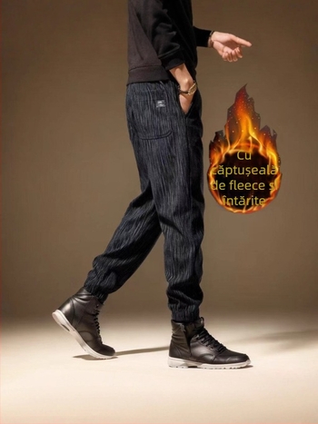 Pantaloni casual de iarnă pentru bărbați, fleece interior, drepti, dungati, talie medie, închidere cu șnur
