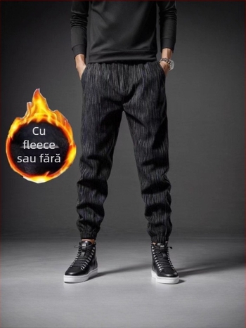 Pantaloni casual de iarnă pentru bărbați, fleece interior, drepti, dungati, talie medie, închidere cu șnur