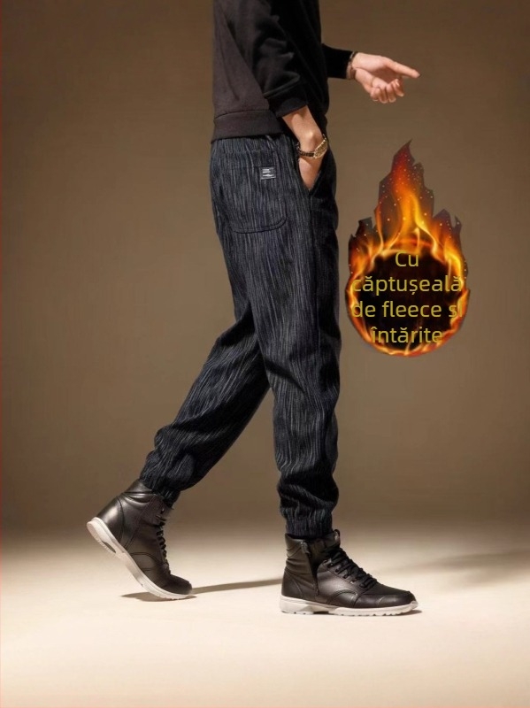 Pantaloni casual de iarnă pentru bărbați, fleece interior, drepti, dungati, talie medie, închidere cu șnur