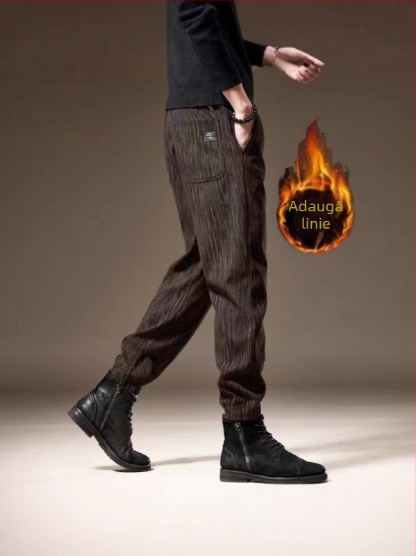 Pantaloni casual de iarnă pentru bărbați, fleece interior, drepti, dungati, talie medie, închidere cu șnur