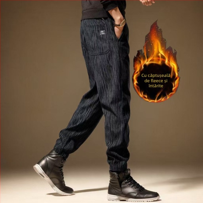 Pantaloni casual de iarnă pentru bărbați, fleece interior, drepti, dungati, talie medie, închidere cu șnur