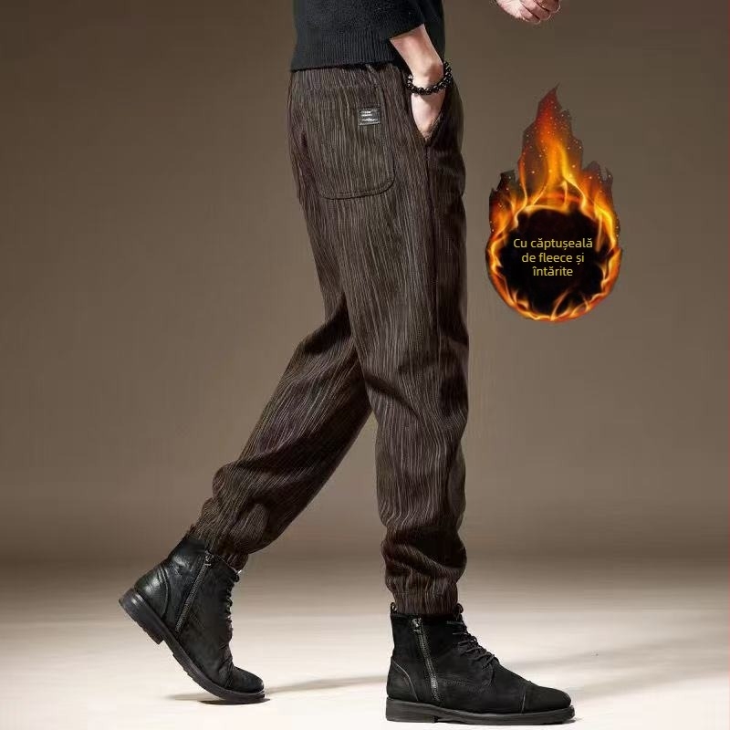 Pantaloni casual de iarnă pentru bărbați, fleece interior, drepti, dungati, talie medie, închidere cu șnur