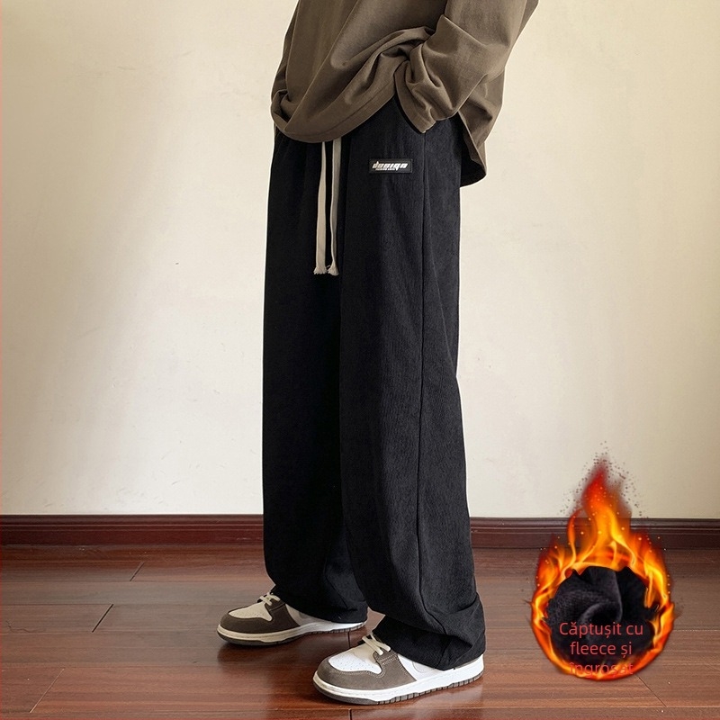 Pantaloni bărbătești corduroy căptuți cu fleece, croială lejeră, talie medie, închidere cu șnur, pentru iarnă
