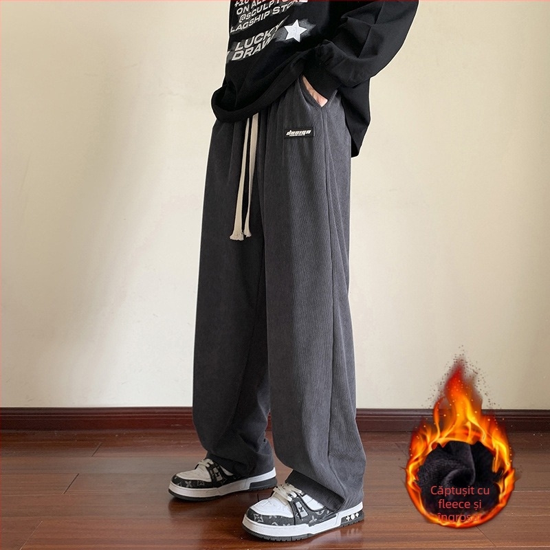 Pantaloni bărbătești corduroy căptuți cu fleece, croială lejeră, talie medie, închidere cu șnur, pentru iarnă