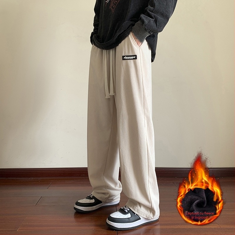 Pantaloni bărbătești corduroy căptuți cu fleece, croială lejeră, talie medie, închidere cu șnur, pentru iarnă