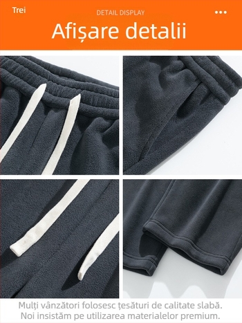 Pantaloni casual de iarnă pentru bărbați, cu fleece, croială dreaptă, talie medie, închidere cu șnur