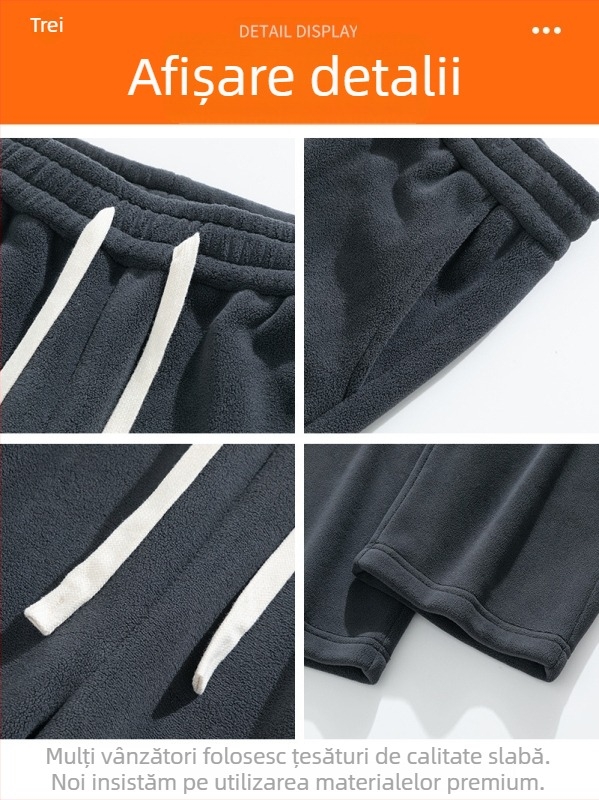 Pantaloni casual de iarnă pentru bărbați, cu fleece, croială dreaptă, talie medie, închidere cu șnur