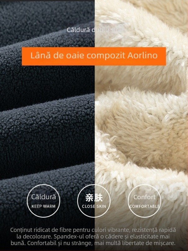 Pantaloni casual de iarnă pentru bărbați, cu fleece, croială dreaptă, talie medie, închidere cu șnur