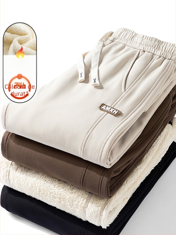 Pantaloni sport pentru bărbați cu căptușeală de fleece, croială lejeră, talie înaltă, șiret închidere, material poliester