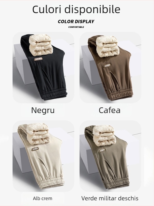 Pantaloni sport pentru bărbați cu căptușeală de fleece, croială lejeră, talie înaltă, șiret închidere, material poliester
