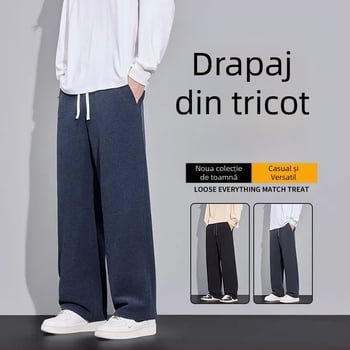 Pantaloni bărbați tricotati cu model pătrate pentru toamnă-iarnă, bumbac, talie înaltă, croială dreaptă, lungi
