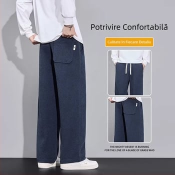 Pantaloni bărbați tricotati cu model pătrate pentru toamnă-iarnă, bumbac, talie înaltă, croială dreaptă, lungi