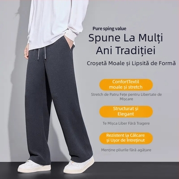 Pantaloni bărbați tricotati cu model pătrate pentru toamnă-iarnă, bumbac, talie înaltă, croială dreaptă, lungi
