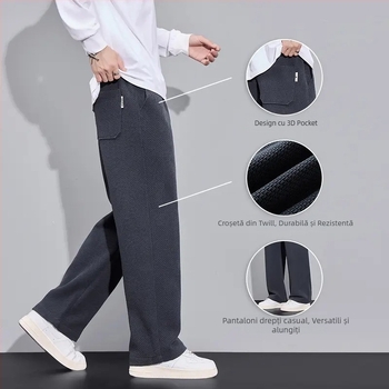 Pantaloni bărbați tricotati cu model pătrate pentru toamnă-iarnă, bumbac, talie înaltă, croială dreaptă, lungi