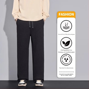 Pantaloni bărbați tricotati cu model pătrate pentru toamnă-iarnă, bumbac, talie înaltă, croială dreaptă, lungi