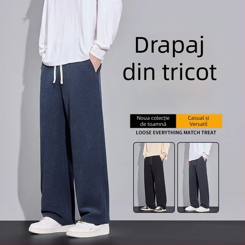 Pantaloni bărbați tricotati cu model pătrate pentru toamnă-iarnă, bumbac, talie înaltă, croială dreaptă, lungi