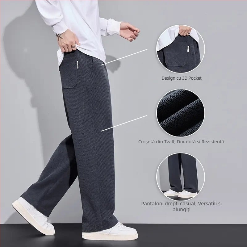 Pantaloni bărbați tricotati cu model pătrate pentru toamnă-iarnă, bumbac, talie înaltă, croială dreaptă, lungi