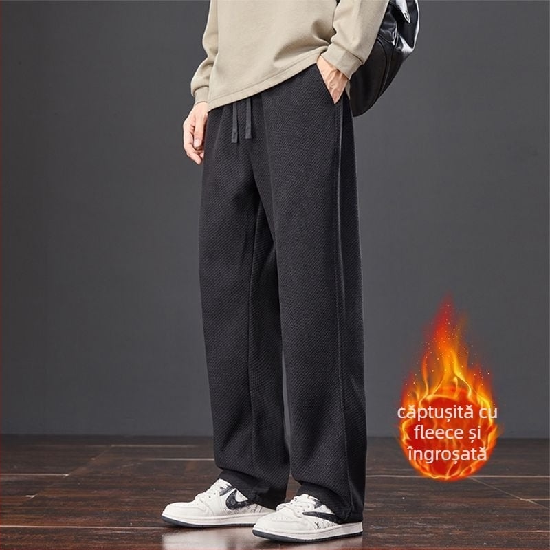 Pantaloni bărbați tricotati cu model pătrate pentru toamnă-iarnă, bumbac, talie înaltă, croială dreaptă, lungi