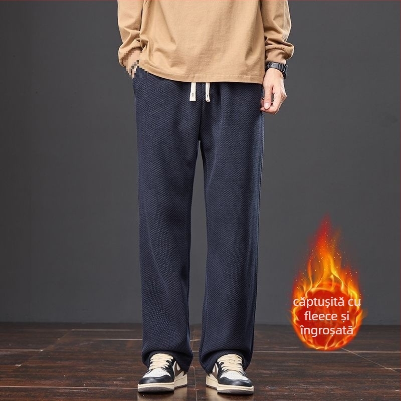 Pantaloni bărbați tricotati cu model pătrate pentru toamnă-iarnă, bumbac, talie înaltă, croială dreaptă, lungi