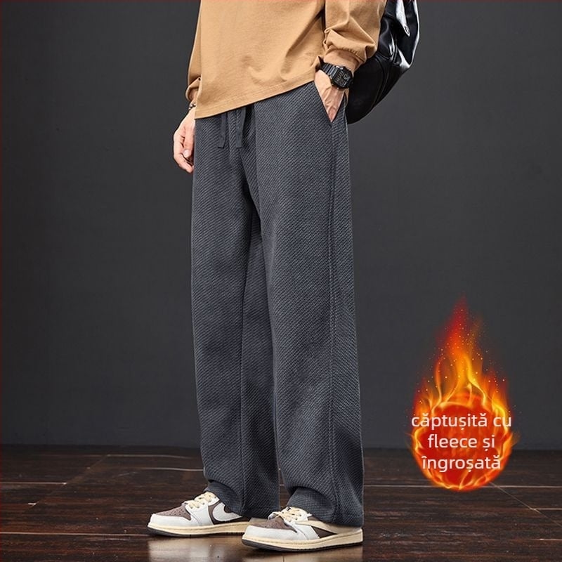 Pantaloni bărbați tricotati cu model pătrate pentru toamnă-iarnă, bumbac, talie înaltă, croială dreaptă, lungi