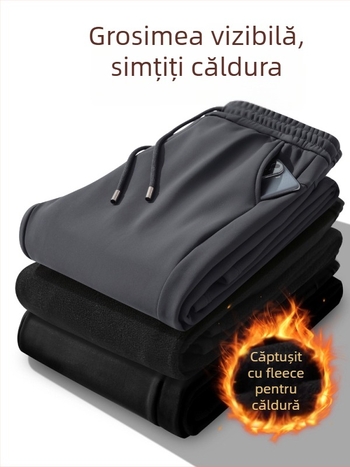 Pantaloni barbatesti cu captuseala de fleece, de iarnă, croi drept, cu curea, pentru barbati de varsta mijlocie, material stretch