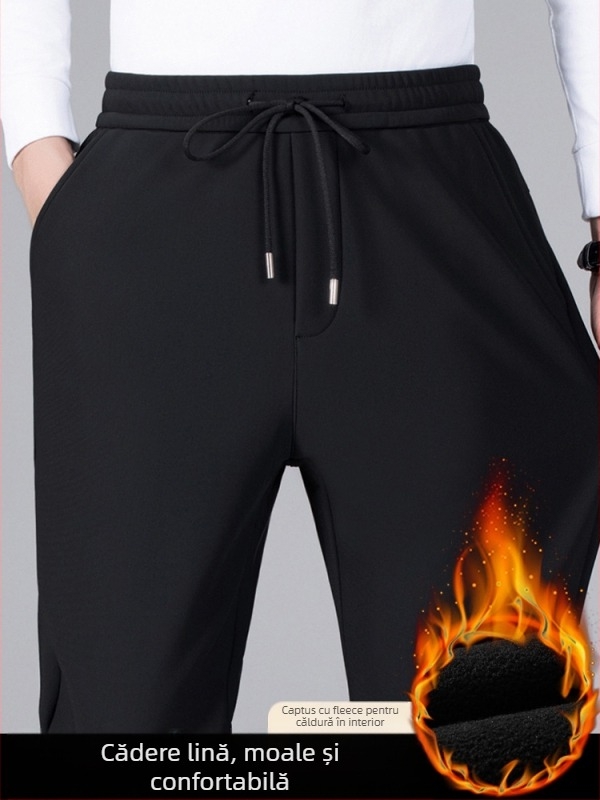 Pantaloni barbatesti cu captuseala de fleece, de iarnă, croi drept, cu curea, pentru barbati de varsta mijlocie, material stretch