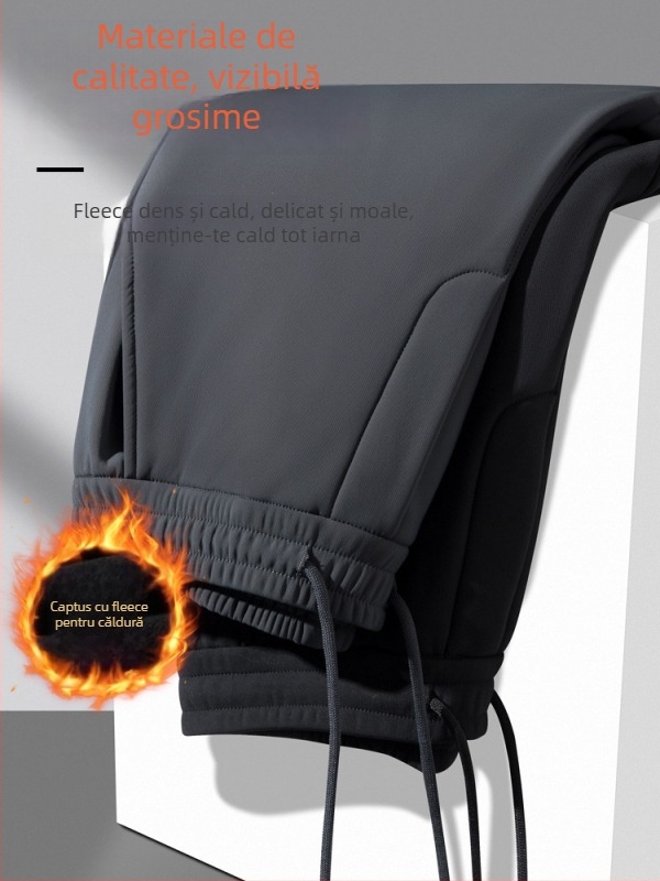 Pantaloni barbatesti cu captuseala de fleece, de iarnă, croi drept, cu curea, pentru barbati de varsta mijlocie, material stretch